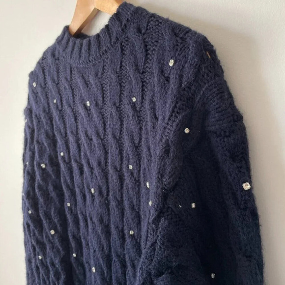 Zara Rhinestone Embellished Fuzzy Knit Sweater Dress Navy Blue Size Small - Picture 4 of 7